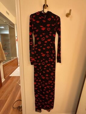 AFRM Black Maxi Dress with Red Lip Print